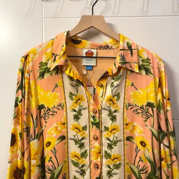 NWT Farm Rio Anthropologie Long Sleeve Button Front Mini Sunflower Dress Large - Picture 6 of 16